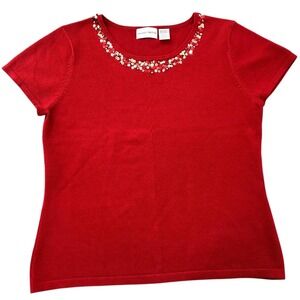 JACLYN SMITH Women's M Red Short Sleeve Knit Sweater Red & Gold Sequin Neckline